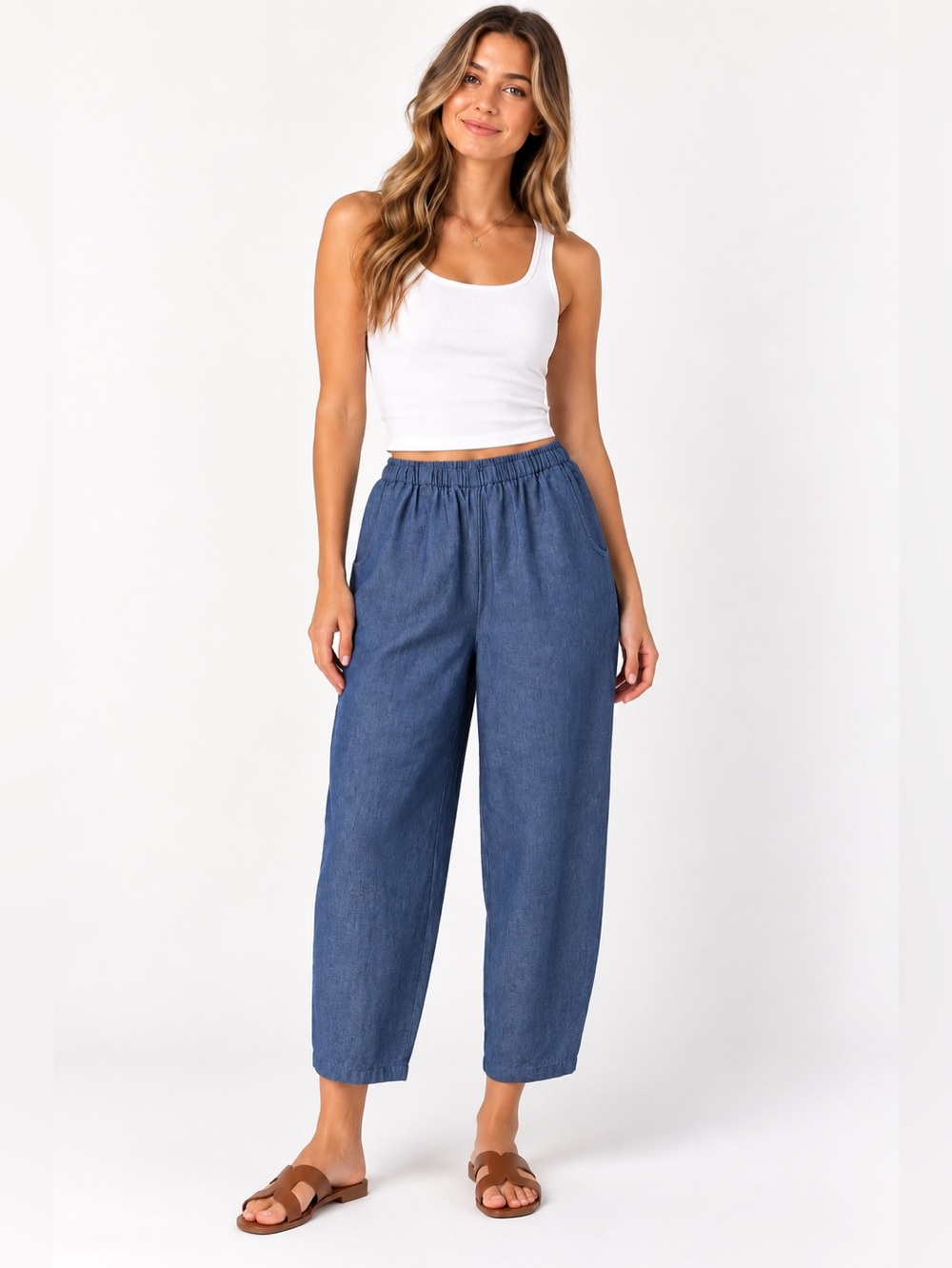 FLAX High-Waist Blue Linen Cropped and Tapered Leg Pants Sz. M